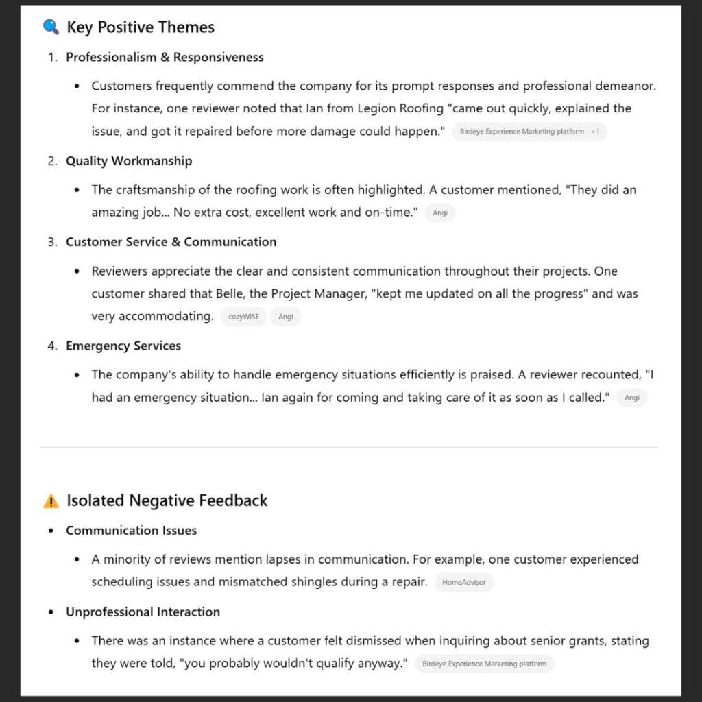 Can AI Help Your Local SEO? The Truth for Jacksonville Business Owners 3 AI analysis of local roofer's review sentiment