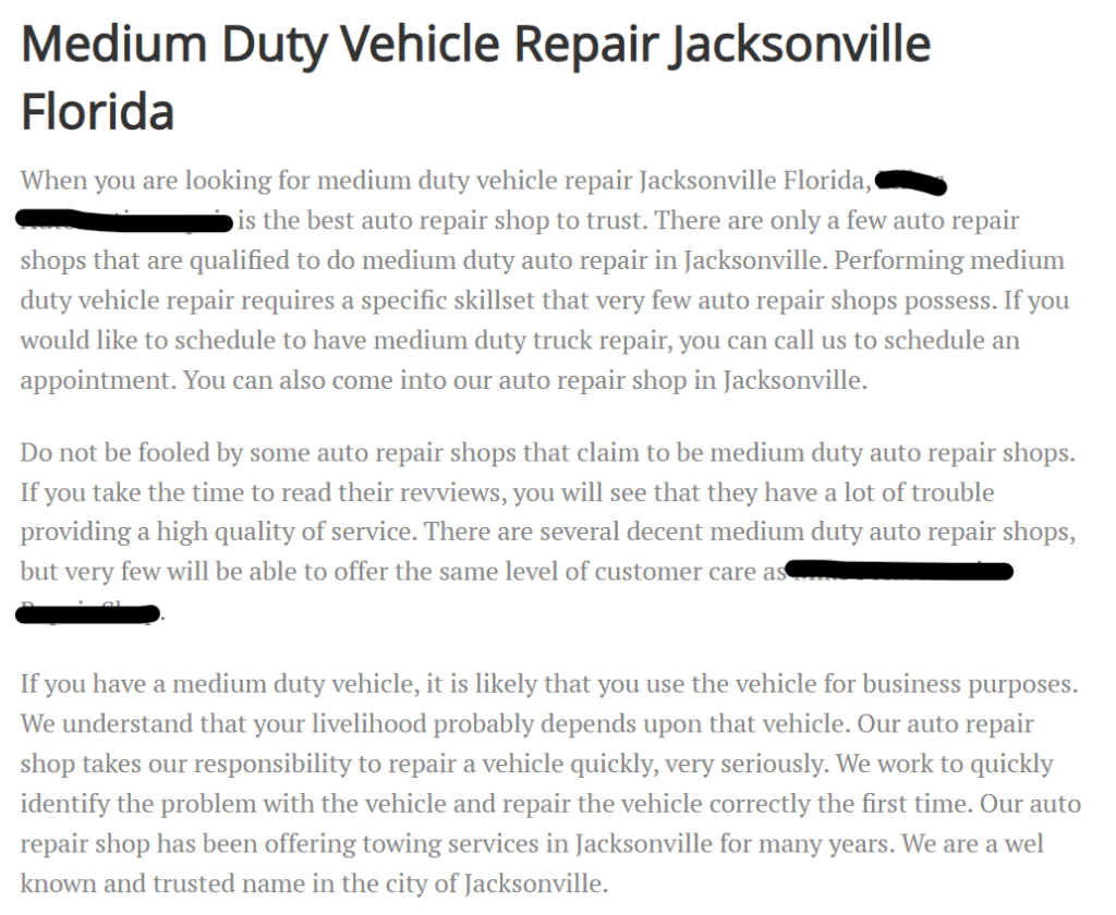 example of a blog post utilizing a service page intent H1