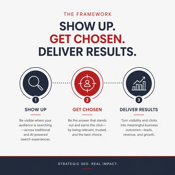 Full Throttle SEO's Show Up. Get Chosen. Deliver Results. Framework