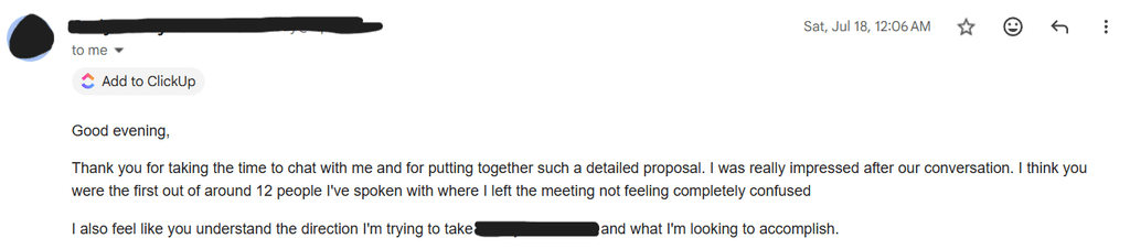 Prospect's testimonial of communication with Ivy Boyter and Full Throttle SEO prior to SEO campaign