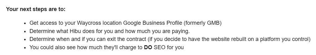 Actual prospect next steps after discovery call and analysis found Hibu doesn't allow customer to control his own website content