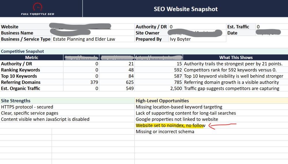 Full Throttle SEO Snapshot for prospect with arrow pointing to note that website is set to NoIndex - SEO wouldn't help until this is indexable